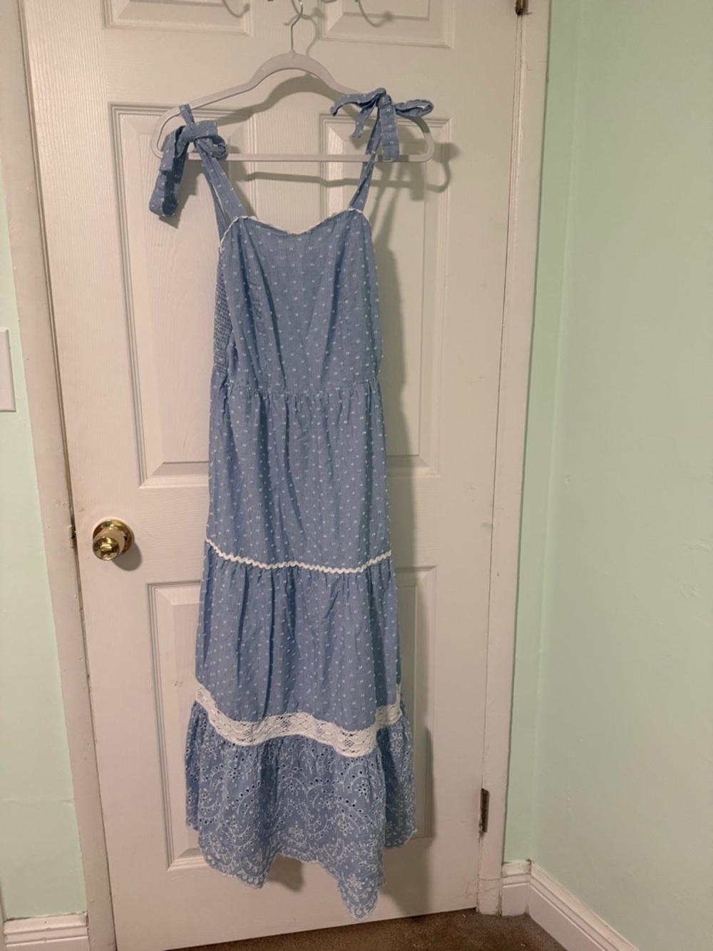 Light Blue Eyelet Tiered Maxi Dress W Tie Straps Shabby Chic Lace,Bust 31”-32” - Picture 1 of 13